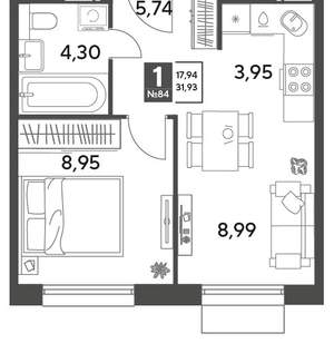 1-к квартира, строящийся дом, 32м2, 8/15 этаж