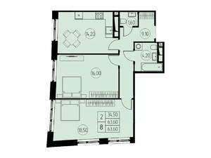 2-к квартира, строящийся дом, 64м2, 16/18 этаж
