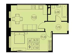2-к квартира, строящийся дом, 48м2, 18/23 этаж