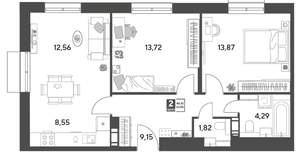 2-к квартира, строящийся дом, 64м2, 4/15 этаж