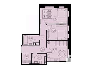 3-к квартира, строящийся дом, 64м2, 8/23 этаж