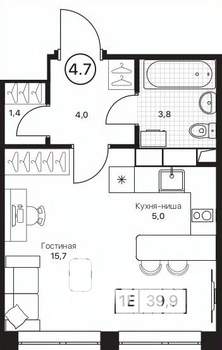 Студия квартира, вторичка, 30м2, 4/17 этаж