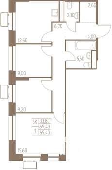 3-к квартира, строящийся дом, 69м2, 9/25 этаж