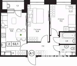2-к квартира, вторичка, 53м2, 6/17 этаж