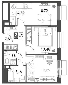2-к квартира, строящийся дом, 47м2, 10/15 этаж