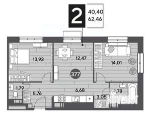 2-к квартира, строящийся дом, 62м2, 2/15 этаж