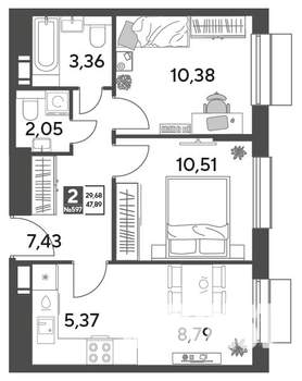 2-к квартира, строящийся дом, 48м2, 8/15 этаж