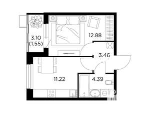 1-к квартира, строящийся дом, 34м2, 10/13 этаж