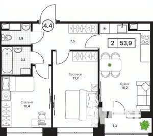 2-к квартира, вторичка, 54м2, 9/17 этаж