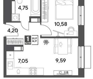 1-к квартира, строящийся дом, 36м2, 9/15 этаж