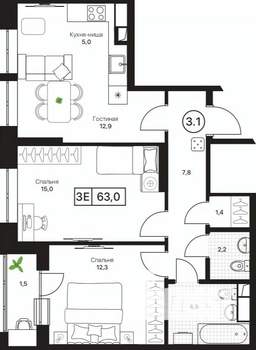 3-к квартира, вторичка, 63м2, 3/17 этаж