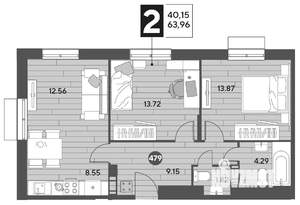 2-к квартира, строящийся дом, 64м2, 8/9 этаж