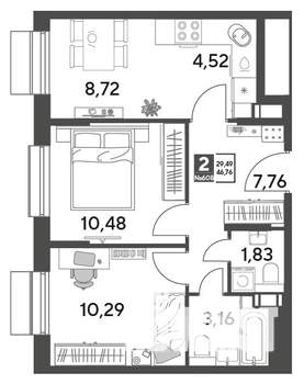 2-к квартира, строящийся дом, 47м2, 9/15 этаж