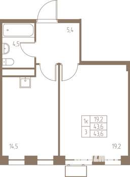 1-к квартира, строящийся дом, 44м2, 5/25 этаж