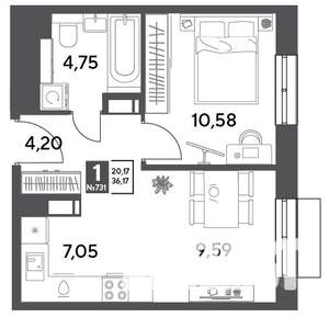 1-к квартира, строящийся дом, 36м2, 12/14 этаж