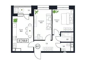 2-к квартира, вторичка, 53м2, 3/17 этаж