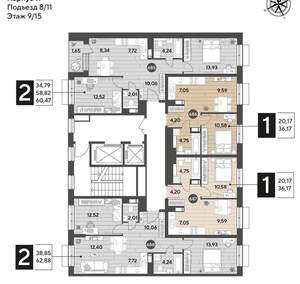 2-к квартира, строящийся дом, 63м2, 9/15 этаж