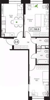 2-к квартира, вторичка, 60м2, 2/17 этаж