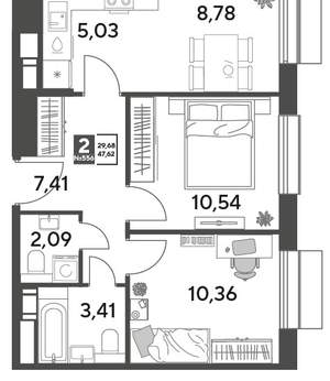 2-к квартира, строящийся дом, 48м2, 3/15 этаж