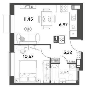 1-к квартира, строящийся дом, 38м2, 7/15 этаж