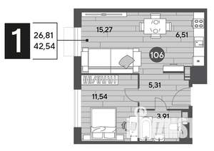 1-к квартира, строящийся дом, 43м2, 2/15 этаж