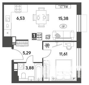 1-к квартира, строящийся дом, 43м2, 10/15 этаж