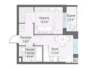 1-к квартира, строящийся дом, 34м2, 7/15 этаж