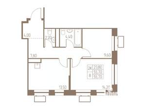 2-к квартира, строящийся дом, 56м2, 20/25 этаж