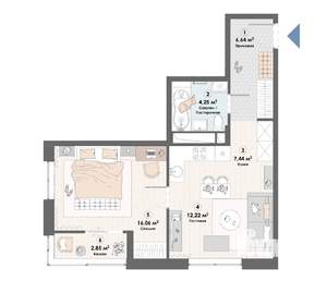 1-к квартира, строящийся дом, 49м2, 12/23 этаж