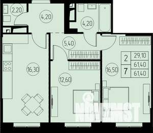 2-к квартира, строящийся дом, 61м2, 5/23 этаж