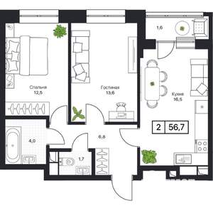 2-к квартира, вторичка, 57м2, 10/13 этаж