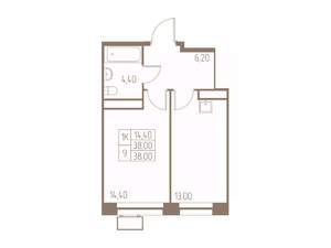 1-к квартира, строящийся дом, 38м2, 22/25 этаж