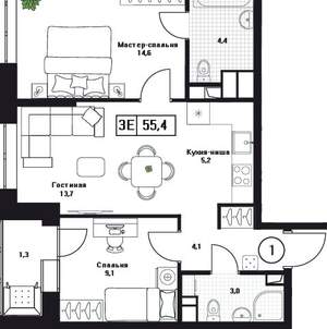 2-к квартира, вторичка, 55м2, 6/17 этаж