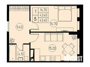 1-к квартира, строящийся дом, 43м2, 4/23 этаж