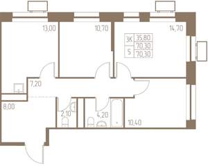 3-к квартира, строящийся дом, 70м2, 24/25 этаж