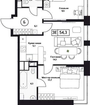 3-к квартира, вторичка, 54м2, 5/17 этаж