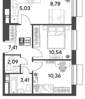 2-к квартира, строящийся дом, 48м2, 6/15 этаж