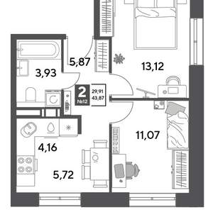 2-к квартира, строящийся дом, 44м2, 4/15 этаж