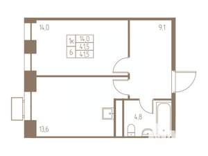 1-к квартира, строящийся дом, 42м2, 14/25 этаж