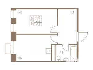 1-к квартира, строящийся дом, 42м2, 15/25 этаж