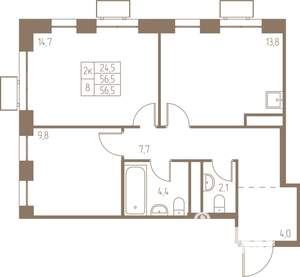 2-к квартира, строящийся дом, 57м2, 7/25 этаж