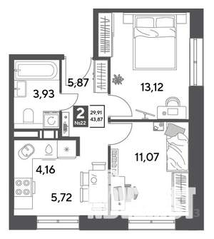 2-к квартира, строящийся дом, 44м2, 6/9 этаж