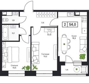 2-к квартира, вторичка, 54м2, 5/17 этаж