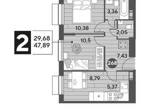 2-к квартира, строящийся дом, 48м2, 3/15 этаж