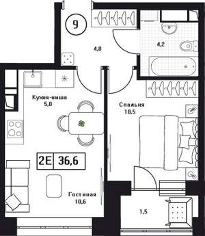 2-к квартира, вторичка, 37м2, 9/17 этаж