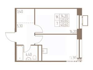 1-к квартира, строящийся дом, 41м2, 20/25 этаж