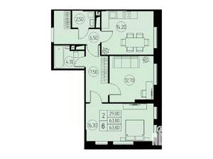 2-к квартира, строящийся дом, 64м2, 16/23 этаж