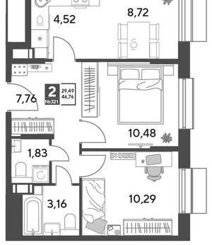 2-к квартира, строящийся дом, 47м2, 9/15 этаж