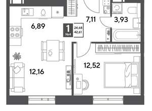 1-к квартира, строящийся дом, 43м2, 2/15 этаж