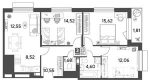 3-к квартира, строящийся дом, 82м2, 2/15 этаж